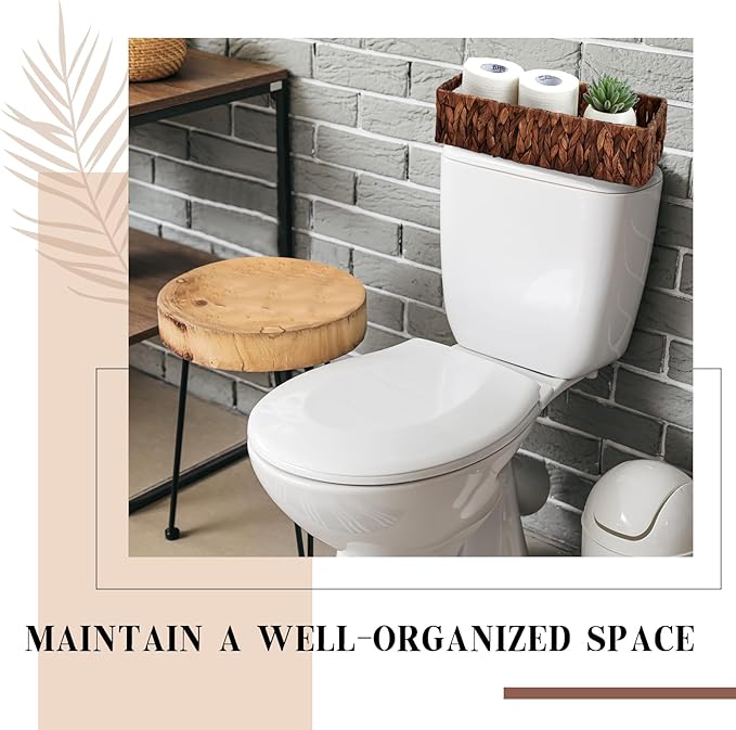2 Pcs Toilet Paper Basket for Back of Toilet Wicker Water Hyacinth Basket Topper and Vanity Tray Set with Built-in Handles for Paper Hand Towel, Bathroom, Home, Spa(Dark Brown)