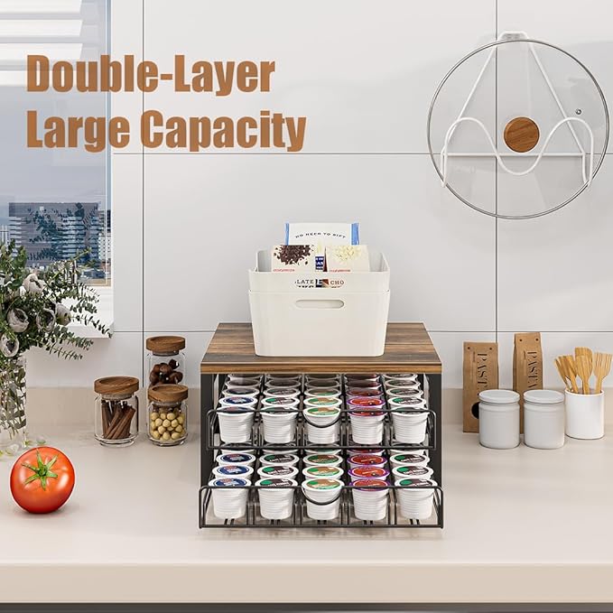 Coffee Pod Holder Drawer 2 Tier for K Cup Capsule Pods Storage Organizer Under Coffee Pot Storage Sliding Drawer (Black, 2 Tier)