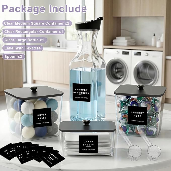 POLRAI Laundry Pod Containers and Dryer Sheet Holder and Laundry Detergent Dispenser Clear Laundry Room Organization and Storage with Wooden Lids Labels and spoon （2+1+1 Pack）