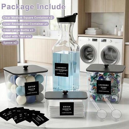 POLRAI Laundry Pod Containers and Dryer Sheet Holder and Laundry Detergent Dispenser Clear Laundry Room Organization and Storage with Wooden Lids Labels and spoon （2+1+1 Pack）