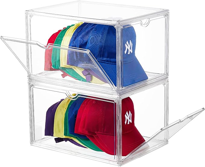 Acrylic XLarge Hat Organizer Box,2 Pack Hat Display Case,Stackable Clear Baseball Caps Storage Box Containers with Double-Sided Magnetic Door,Holds 12 Hats Each (Clear)