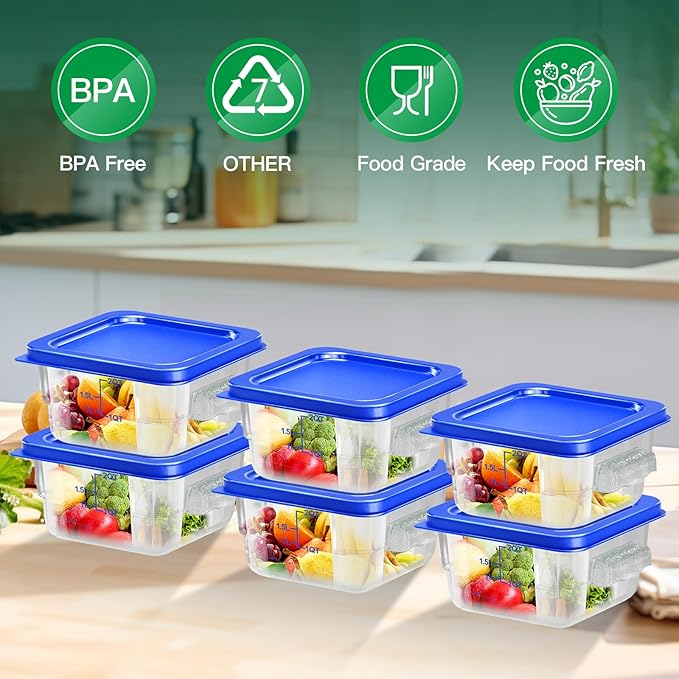 6 pcs 2qt Food Storage Containers with Lid, Square Clear Commercial Food Storage Containers with Handle and Scale for Food Storage in Home Kitchen & Dining (Blue)