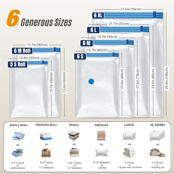 35 Pack Vacuum Storage Bags with Hand Pump, Compression Space Saver for Comforter, Bedding, Blanket Storage, Vacuum Seal Bags for Clothing, Travel Luggage Suitcase and Closet Organizer