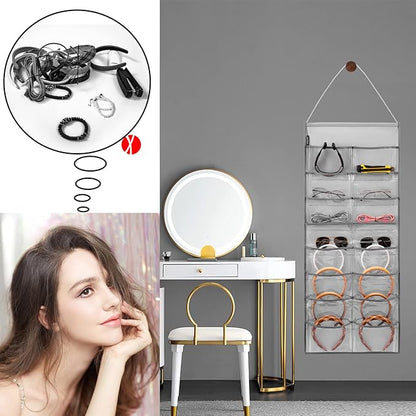 Wall Hanging Headband Organizer Ribbon Hair Hoops Storage Hairbands Hair Accessory Holder with Clear Pockets (GREY-16 POCKETS)