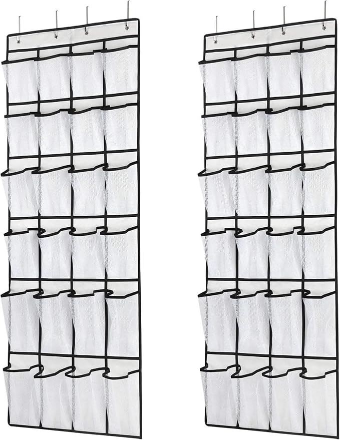 for Over The Door Shoe Organizer 24 Pocket Mesh Hanging Shoe Rack 2 Pack White 58x21, Shoe Storage, Hanging Organizer, 24 Pockets, 2 Pack, White Color, 58x21 Dimensions