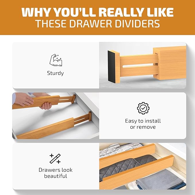 6-Pack Drawer Dividers - 2.6 Inches High, Adjustable 16 to 22 Inches Bamboo Drawer Organizer, Large Expandable Separator for Clothes, Dresser, Bedroom, Bathroom, Baby, Office, Kitchen Utensil Storage