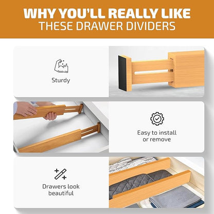 6-Pack Drawer Dividers - 2.6 Inches High, Adjustable 16 to 22 Inches Bamboo Drawer Organizer, Large Expandable Separator for Clothes, Dresser, Bedroom, Bathroom, Baby, Office, Kitchen Utensil Storage
