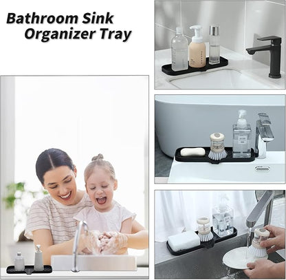 MicoYang Silicone Bathroom Soap Dishes with Drain Spout-Bathroom and Kitchen Sink Organizer,Sponge Holder,Dish Soap Tray,Perfect for Dispenser,Scrubber,Bottle,Cup on Sink or Counter-Black 12"×4"