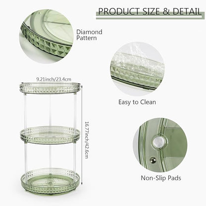 360 Clear Rotating Makeup Organize for Vanity,3 Tiers Lazy Susan with Diamond Pattern, Large-Capacity Skincare Organizers Cosmetic Display Case Organizer for Dresser (Vintage Green, 3Tiers)