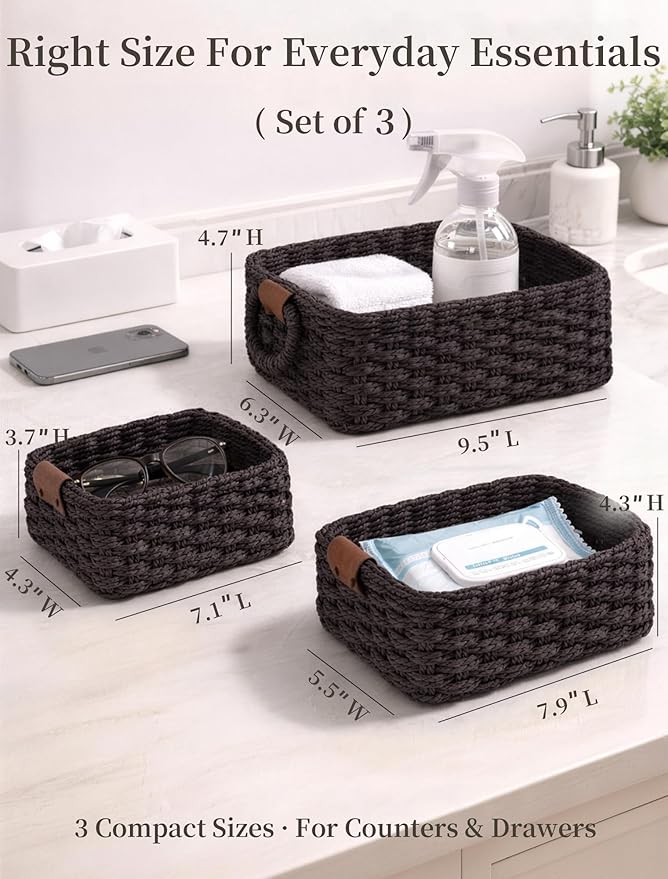 Storage Basket, Recycled Paper Rope Basket Organizer, 3Pcs Small Baskets for Organizing, Mini wicker Basket for Decorative Storage Bins, Shelves, Cabinet - Dark Brown