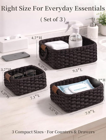 Storage Basket, Recycled Paper Rope Basket Organizer, 3Pcs Small Baskets for Organizing, Mini wicker Basket for Decorative Storage Bins, Shelves, Cabinet - Dark Brown