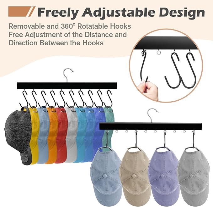 2 Pack Hat Organizer for Baseball Caps, 360 Degree Rotating Hat Storage for Baseball Caps Organizer with 10 Stainless Steel Hooks, Wooden Hanging Closet Organizer