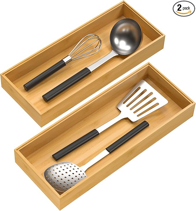 VeyFey Bamboo Drawer Organizer, Stackable Utensil Organizer for Kitchen, Bamboo Storage Box Wood Silverware Tray for Drawer 15" x 6" x 2" Set of 2
