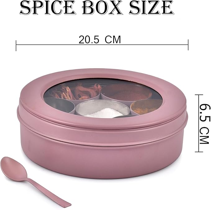 Elan 7 Compartment Multipurpose Air-Tight Stainless Steel See-Through Round Colorful Spice Box/Popula Dabba with Lid and Spoon | Mauve, (1500 ml)