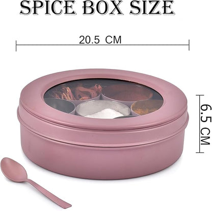 Elan 7 Compartment Multipurpose Air-Tight Stainless Steel See-Through Round Colorful Spice Box/Popula Dabba with Lid and Spoon | Mauve, (1500 ml)