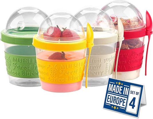 Crystalia 4 Pack 17 oz On The Go Yogurt Parfait Cups with Lids, Mini Breakfast On the Go Plastic Bowls with Topping Cereal Oatmeal Container with Spoon for Lunch, Portable & Reusable, Colorful Set