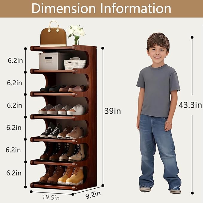 Vertical Shoe Rack 7 Tier, Bamboo Narrow Shoe Rack for Small Spaces, Freestanding Shoe Storage Organizer for Entryway Closet, Space Saving Skinny Shoe Shelf