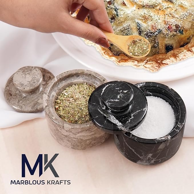 MARBLOUS KRAFTS Marble Salt Cellar with Lid 3" Zebra Black and Oceanic Sea Salt, Pepper Container for Kitchen Storage, Stone Spice Jar, Perfect Mother’s Day Gift, New Home
