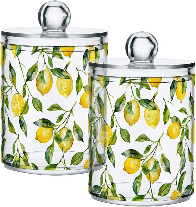 ALAZA 2pcs Watercolor Lemon Leaf Qtip Holder Dispenser 14 oz Bathroom Storage Clear Apothecary Jars Containers Cotton Ball,Cotton Rounds,Floss Picks, Hair Clips, Food