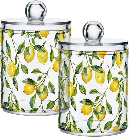 ALAZA 2pcs Watercolor Lemon Leaf Qtip Holder Dispenser 14 oz Bathroom Storage Clear Apothecary Jars Containers Cotton Ball,Cotton Rounds,Floss Picks, Hair Clips, Food