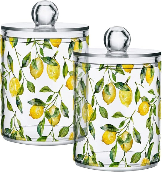 ALAZA 4pcs Watercolor Lemon Leaf Qtip Holder Dispenser 14 oz Bathroom Storage Clear Apothecary Jars Containers Cotton Ball,Cotton Rounds,Floss Picks, Hair Clips, Food
