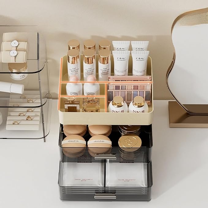 Makeup Organizer for Vanity,Vanity Organizer with 2 Drawers,Makeup&skincare Organizers Countertop,Cosmetic Display Case,Vanity Storage Box(Cream)