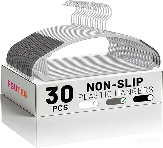 Arc Design No Shoulder Bump Plastic Hangers 30 Pack, Ultra Thin Non-Slip Hangers for Clothes, Heavy Duty Clothes Hangers, 360° Swivel Silver Hook-Space Saving Closet Organizer (Grey)