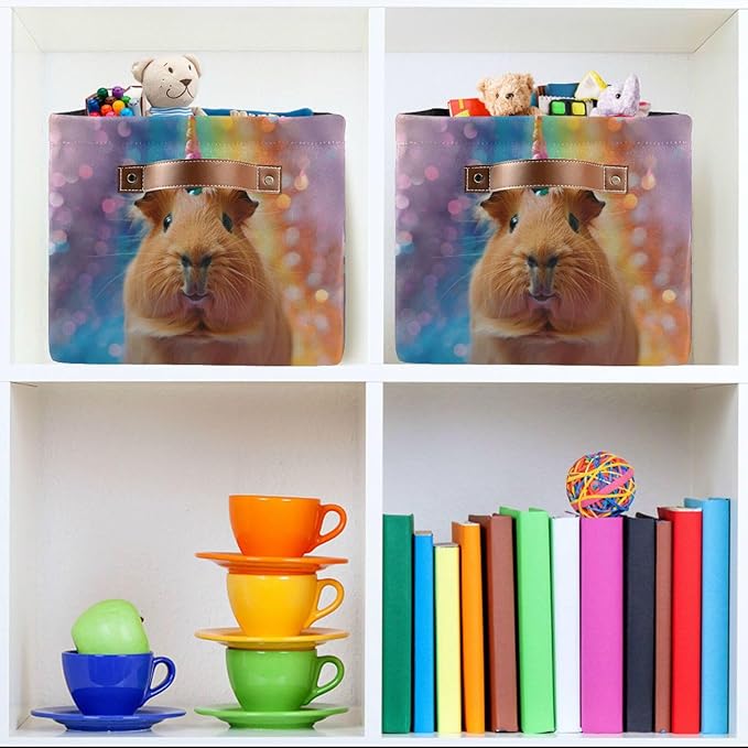 Large Storage Basket Rainbow Guinea Pig Unicorn Storage Bin Cube Canvas Fabric Organizer Handles Collapsible for Clothes Toys Bedroom Decorative