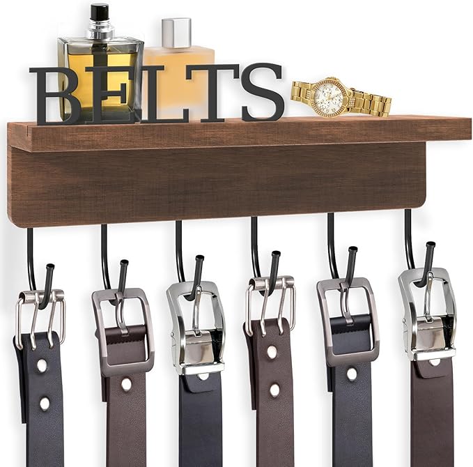 Belt Hanger Organizer for Closet, Wall Mount Belt Rack, Wooden Belt and Tie Organizer for Stores and Displays Mens Accessories (Length 9.8”) Brown
