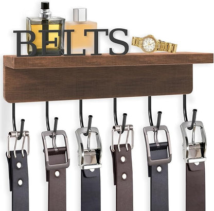 Belt Hanger Organizer for Closet, Wall Mount Belt Rack, Wooden Belt and Tie Organizer for Stores and Displays Mens Accessories (Length 9.8”) Brown
