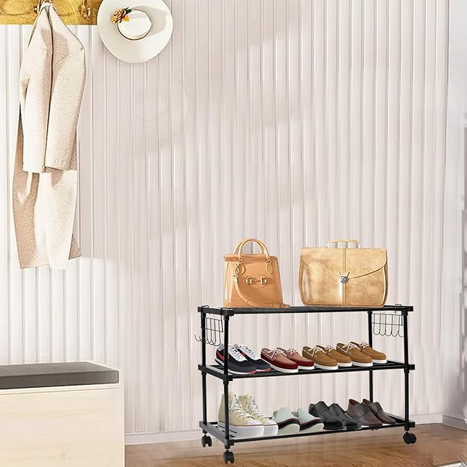 ADA® Premium High Density Iron Shoe Rack, Easy to Assemble Space Saving 3 - Tier Shoe Organizer, Heavy Duty Multifunctional Shoe Cabinet - Black