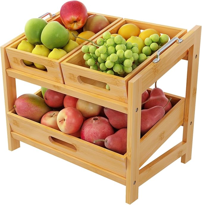 2-Tier Stackable Can Rack Organizer for Pantry, Fruit Basket, 2 Tier Bamboo Fruits Basket Stand for Kitchen Countertop, Tray Suitable for Bread, Vegetables, Produce