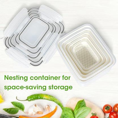 TBMAXS Fruit Storage Containers for Fridge, 4 Pack Produce Saver Vegetable Container with Drain Colanders - Refrigerator Organizer for Lettuce Keepers Berry Container