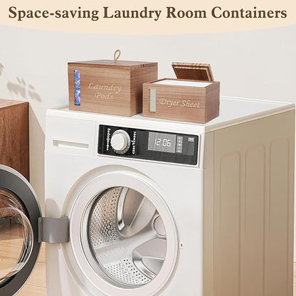 2 Pcs Wood Laundry Pods Container & Dryer Sheet Holder, Solid Pine Laundry Sheet Container Dispenser with Visible Window for Laundry Accessories, Farmhouse Decor for Laundry Room Refresh(Walnut Brown)