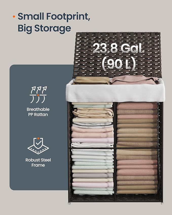 SONGMICS HOME Laundry Hamper with Lid, Clothes Basket with Removable Liner and Handles, 23.8 Gallon, Foldable Narrow Laundry Organizer for Bathroom, Bedroom, Dark Brown