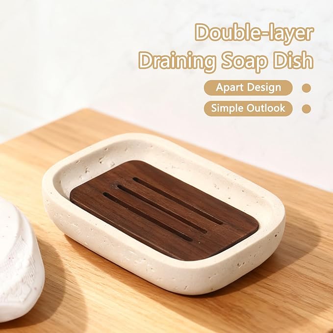 Soap Dish, Resin Wooden Double-Layer Drainage Bathroom Soap Dish, Suitable for Showers, Bathroom Sinks, and Kitchen Countertops (Yellow)
