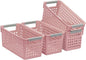Soddeph 4 Pack Slim Plastic Storage Basket with Handles, Rectangular Storage Bins for Shelves,Narrow Organizer box for Organizing, Kitchen,Home,Office(Pink, Small)