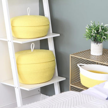 Sea Team Round Cotton Rope Storage Basket with Lid, Decorative Woven Storage Bin, Pot, Caddy, Organizer, Container for Snacks, Towels, Plants, 13 x 9 Inches (Large, Yellow)