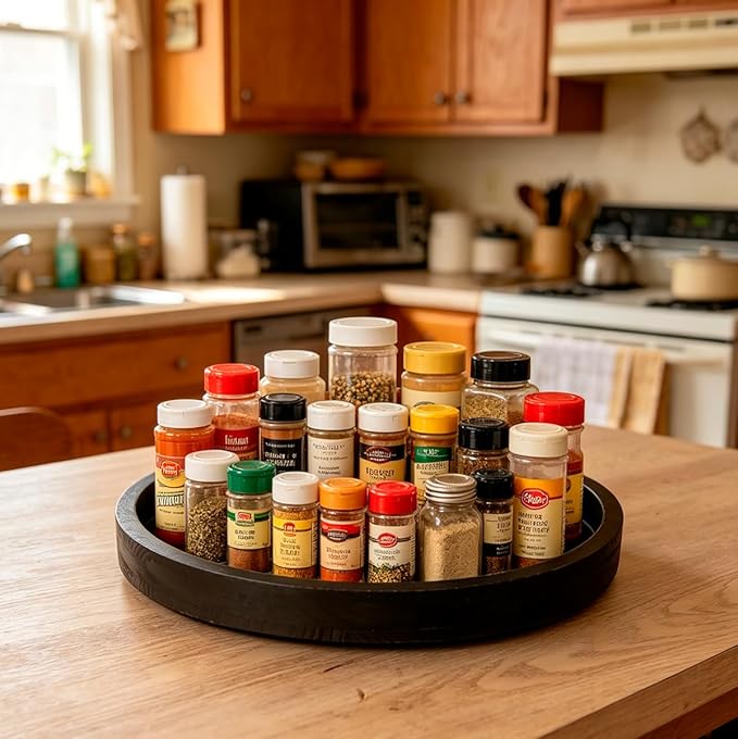 13.38 Inch Rustic Round Wood Lazy Susan for Table Top - Wooden Turntable Serving Tray Distressed Farmhouse Turntable Tray, Cabinet Organizer(Black)