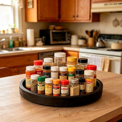 13.38 Inch Rustic Round Wood Lazy Susan for Table Top - Wooden Turntable Serving Tray Distressed Farmhouse Turntable Tray, Cabinet Organizer(Black)