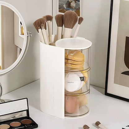 Azurphoric Hair Accessories Organizer with Hair Brush Holder, Rotatable Makeup Brush Holder for Necklaces, Earring, Bracelet, Ring, Makeup Brushes, Hair Clip and Hair Accessories (White, 3-Layer)