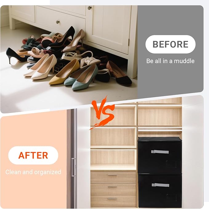 2 Pack Shoe Organizer for Closet，Foldable Shoe Storage Organizer with Clear Cover and Sturdy Handles,Fits 12-16 Pairs (black)