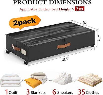 Yecaye Under Bed Storage with Wheels, 2 Pack Under Bed Storage Containers with Adjustable Dividers & Clear Window, Rolling Underbed Organizer Bins Drawers for Clothes, Shoes, Blankets, Black