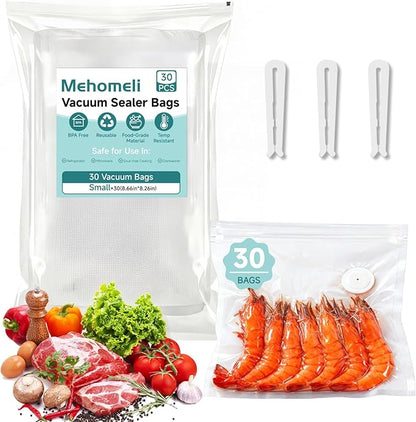 Mehomeli Reusable Vacuum Sealer Bags for Food – 30 BPA-Free Small (8.66in × 8.26in) Food Storage Bags, Freezer Microwave Safe, Odor-Resistant, Leak-Proof – Compatible with Handheld Vacuum Sealers | BPA Free Material