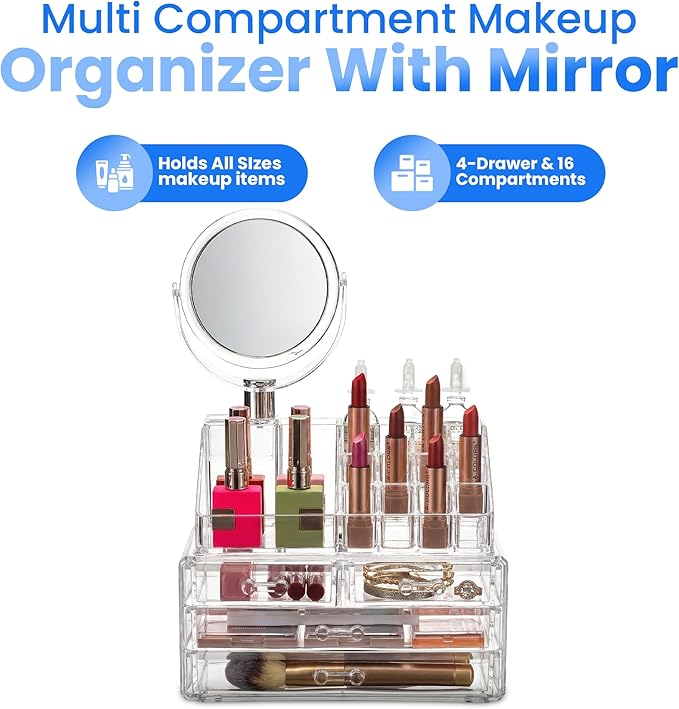 Masirs Clear Makeup Organizer with Mirror – 16-Compartment Cosmetic and Jewelry Holder, 4-Drawer Vanity Storage, Elegant Clear Design for Makeup and Accessories