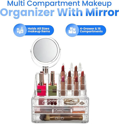 Masirs Clear Makeup Organizer with Mirror – 16-Compartment Cosmetic and Jewelry Holder, 4-Drawer Vanity Storage, Elegant Clear Design for Makeup and Accessories