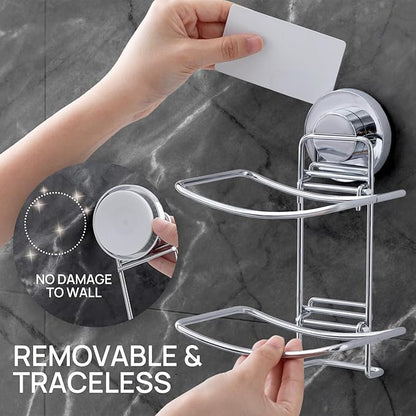 LEVERLOC Soap Dish Holder Suction Cup for Shower Wall Double Layer Drill-Free Waterproof Wall Mount Strong Suction Removable Bar Soap Sponge Holder for Bathroom Bathtub Kitchen, Chromed