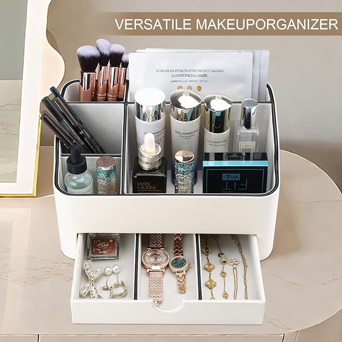 KINGFOM PU Leather Makeup Organizer with Drawer, Skincare Organizer for Vanity, Cosmetic Storage for Dresser Countertop, Beauty Holder for Lipstick Brush Skincare (Ivory White)