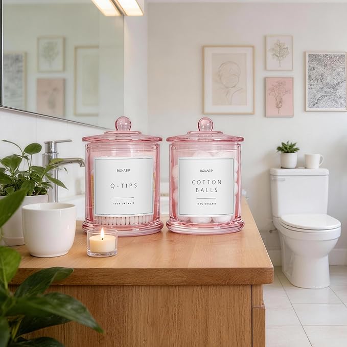 Ronasip Qtip Holder & Cotton Pad Dispenser, Bathroom Organizer and Storage Canisters, 16oz Glass Apothecary Jars for Kitchen, Restroom - Home Decor Accessories, Room Decor Aesthetic (2 Pack, Pink)