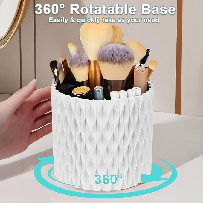 WAFJAMF Makeup Brush Holder 360 Rotating Cosmetics Holders Storage Cup for Vanity Desktop Bathroom Countertop 5 Slot Makeup Brushes Container - Classic Style - Pearl White